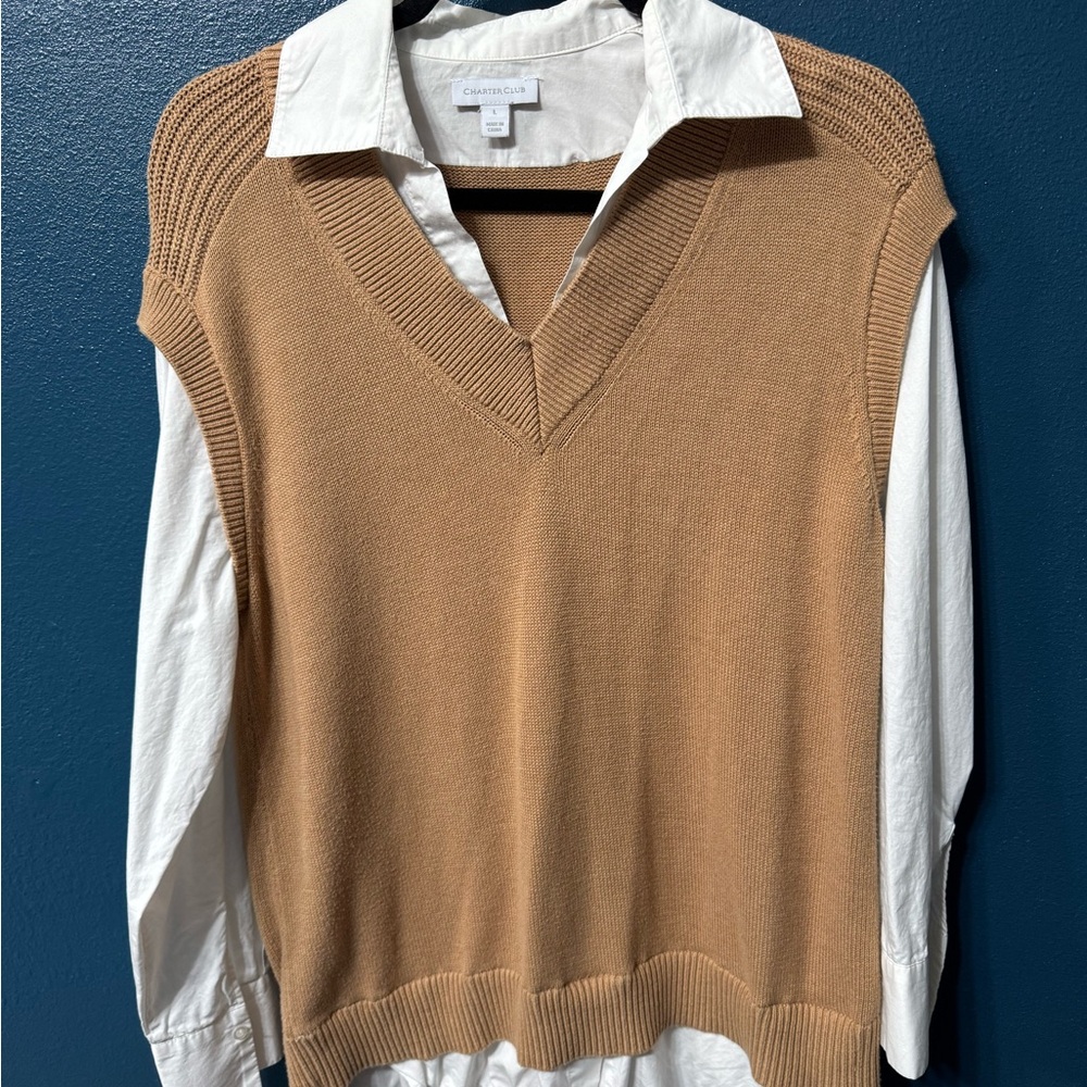 Charter Club Camel Sweater Vest with White Shirt Collar and sleeves